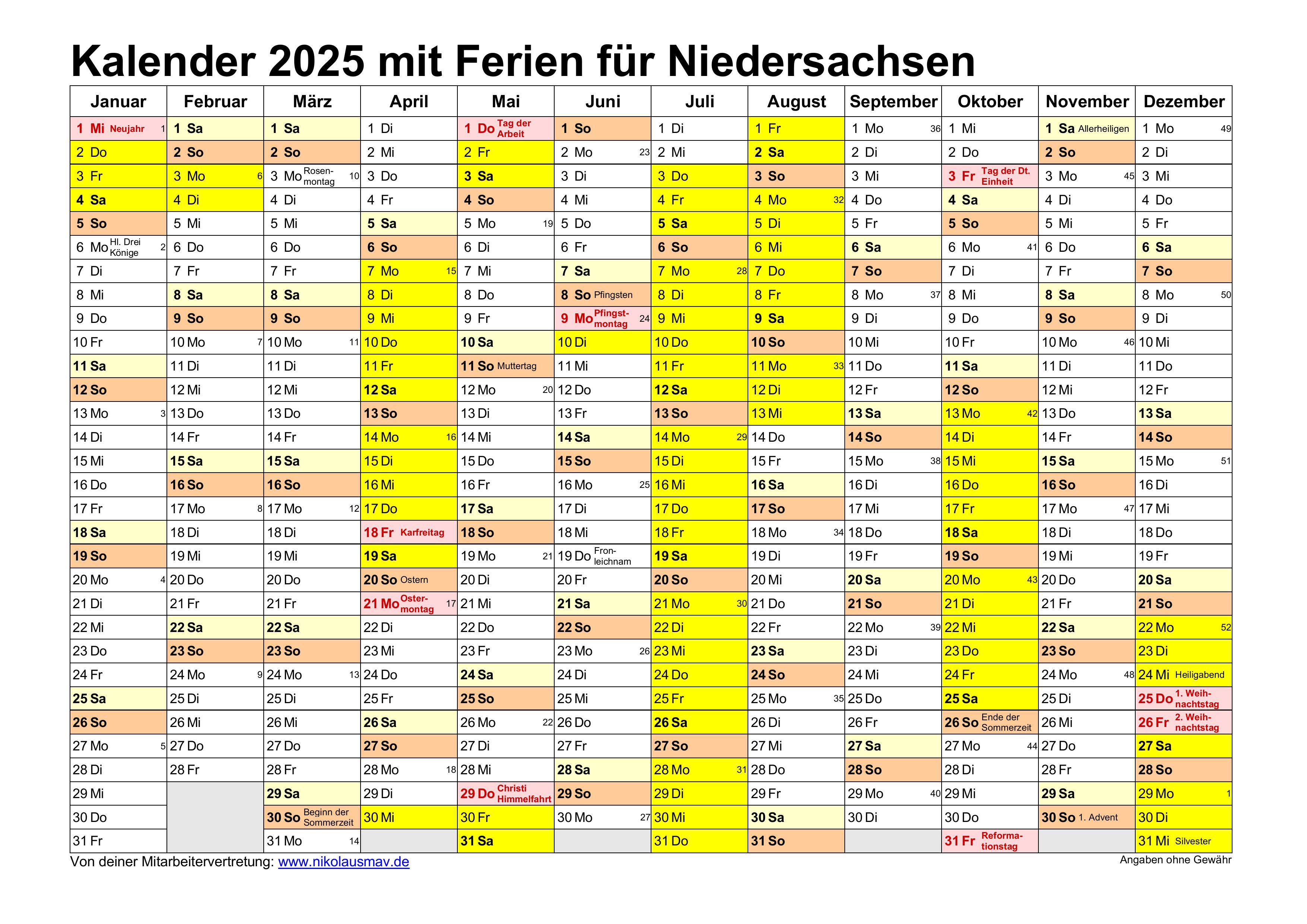 kalender 2025 niedersachsen querformat